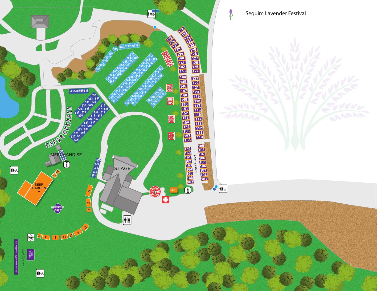 2026 Sequim Lavender Festival grounds map at Carrie Blake Park — numbered vendor booths, main stage, beer garden, acoustic stage, merchandise, food, restrooms, first aid, and parking